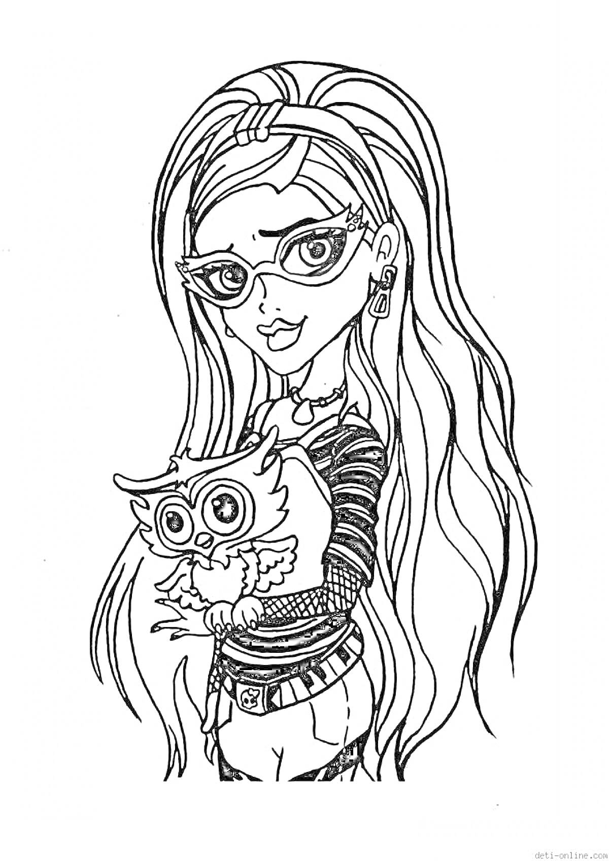 Раскраска Девушка с длинными волосами и очками держит сову, одета в полосатый свитер и шорты