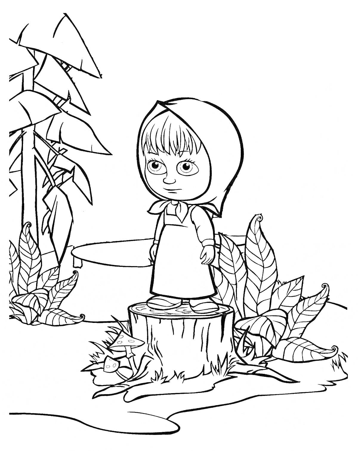 Раскраска Девочка на пеньке среди растений