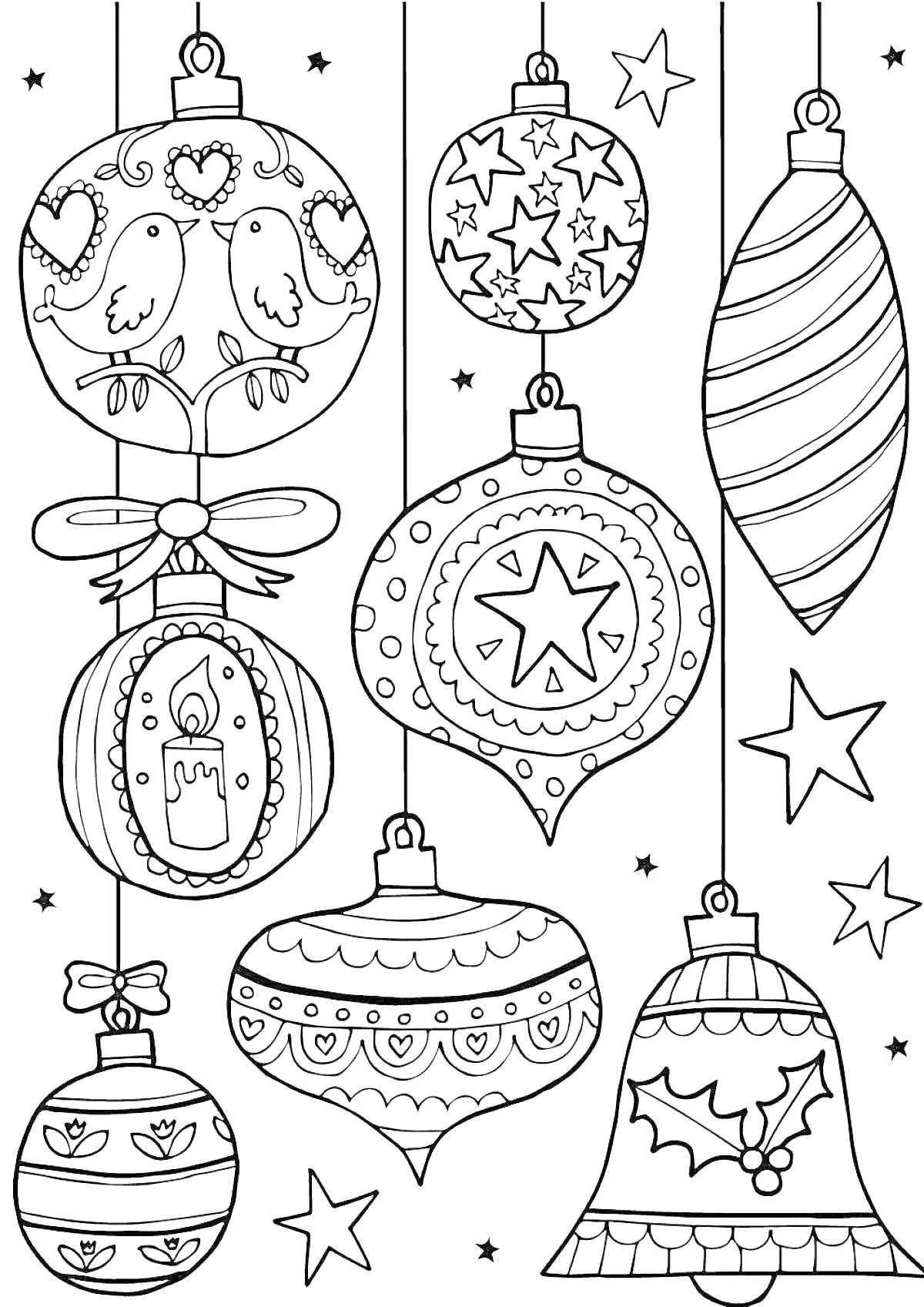 Раскраска Новогодний шар с птицами, звездами, свечой, ленточками, шарами, колоколом и бантом