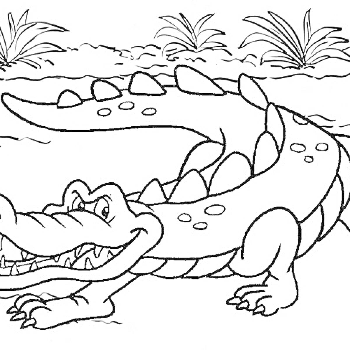 На раскраске изображено: Крокодил, Река, Берег, Растения, Природа, Для детей, Животные