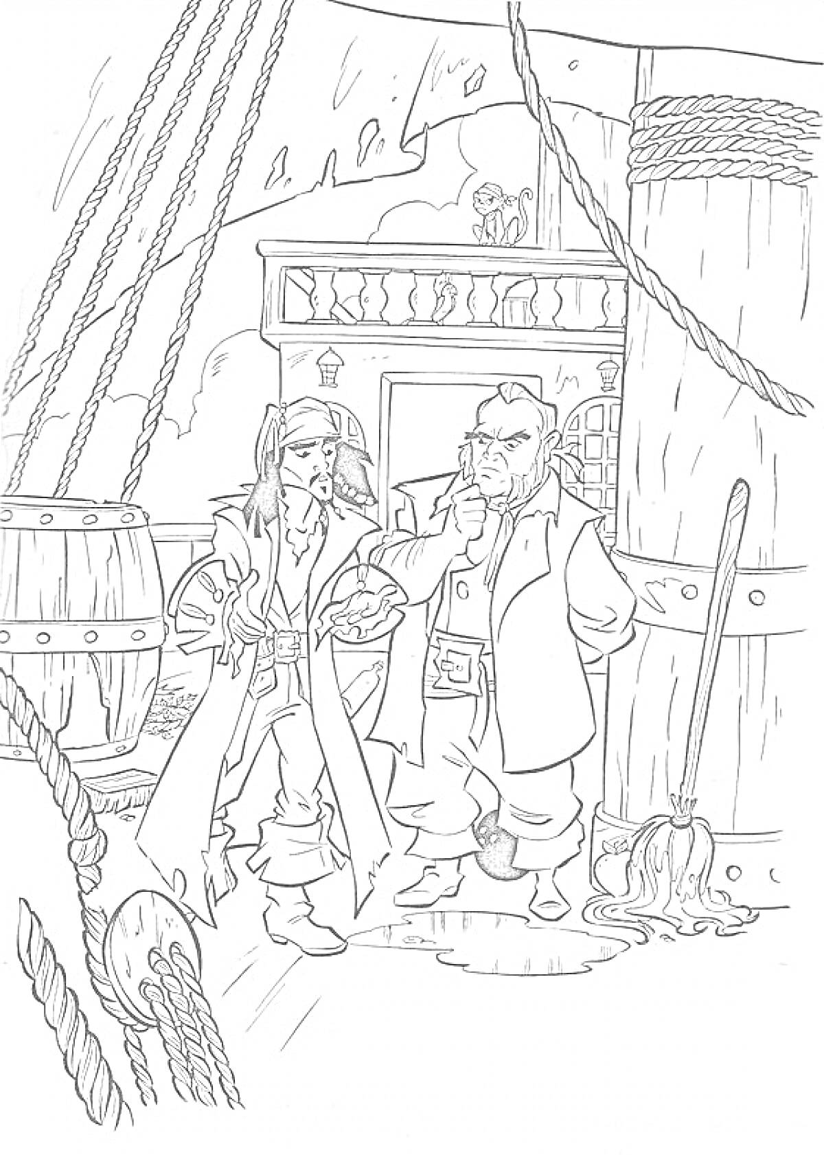 Два пирата на палубе корабля с деревянной бочкой, шваброй, канатами и каютой на заднем плане.