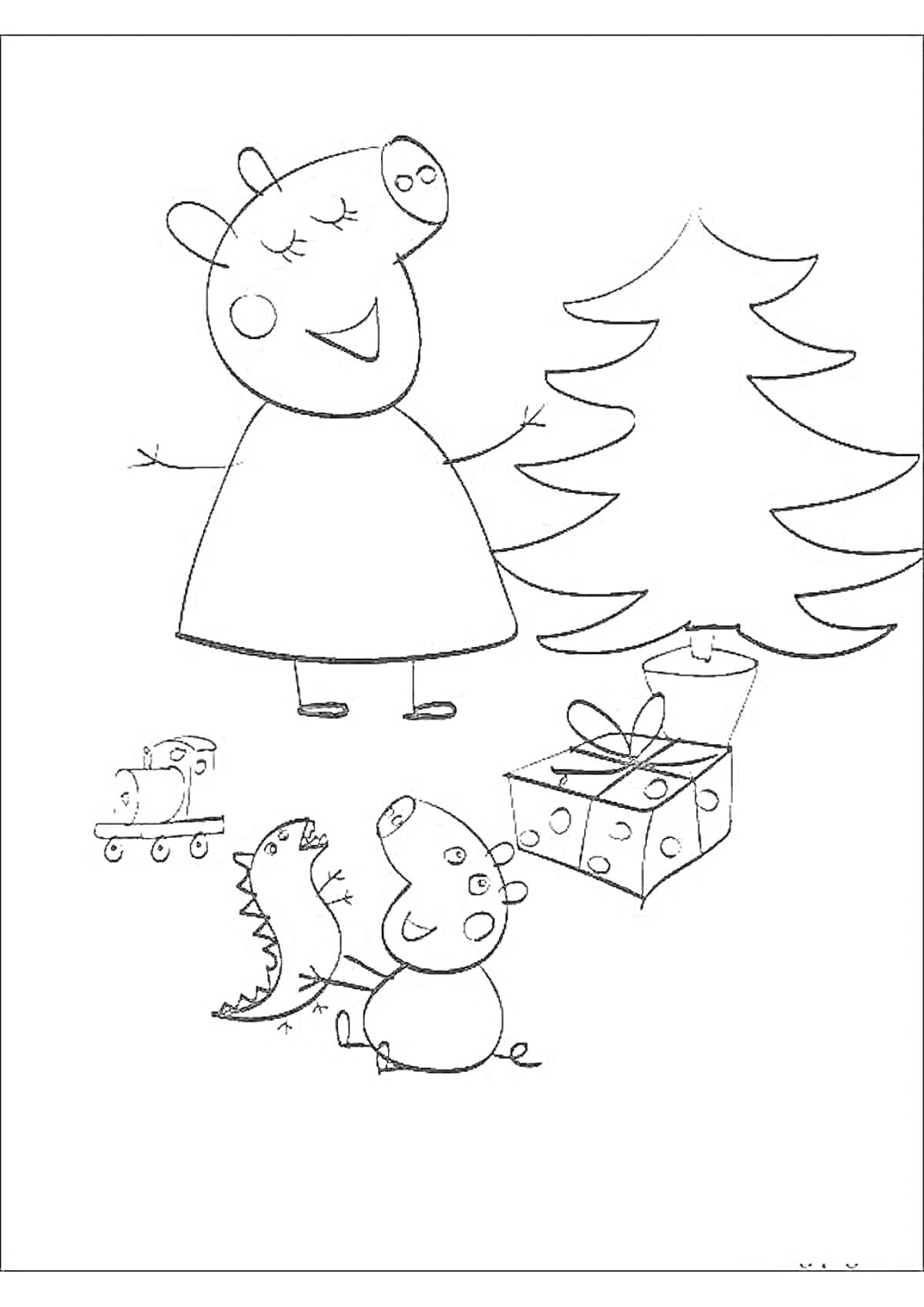 На раскраске изображено: Свинка пеппа, Новогодняя елка, Подарки, Динозавр, Джордж, Игрушечный поезд, Новый год