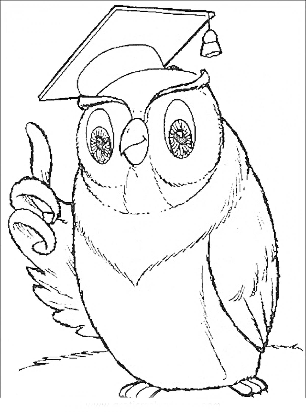 Раскраска Филин с академической шапочкой и поднятым крылом