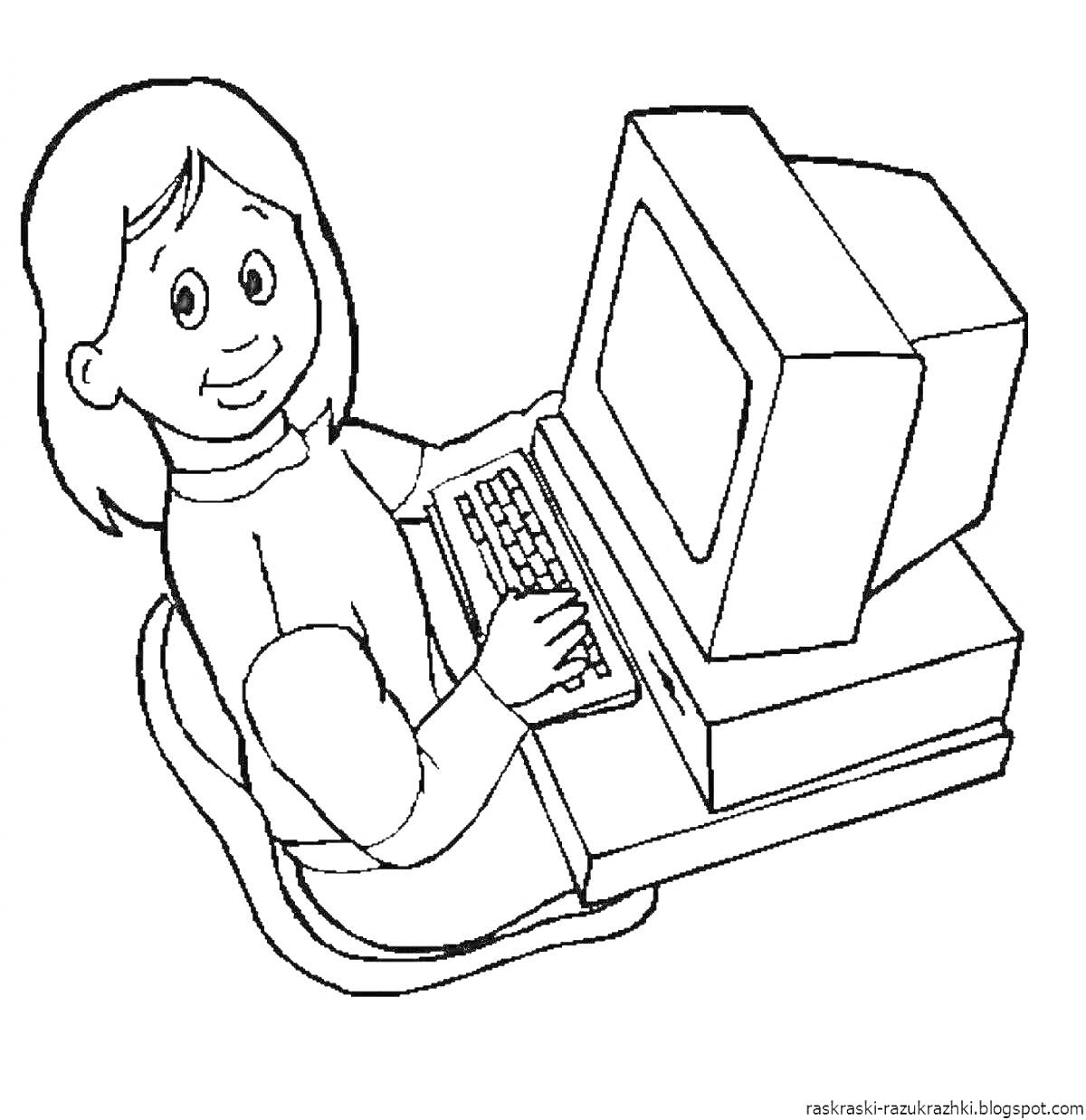 На раскраске изображено: Девочка, Компьютер, Клавиатура, Монитор, Обучение, Сидеть