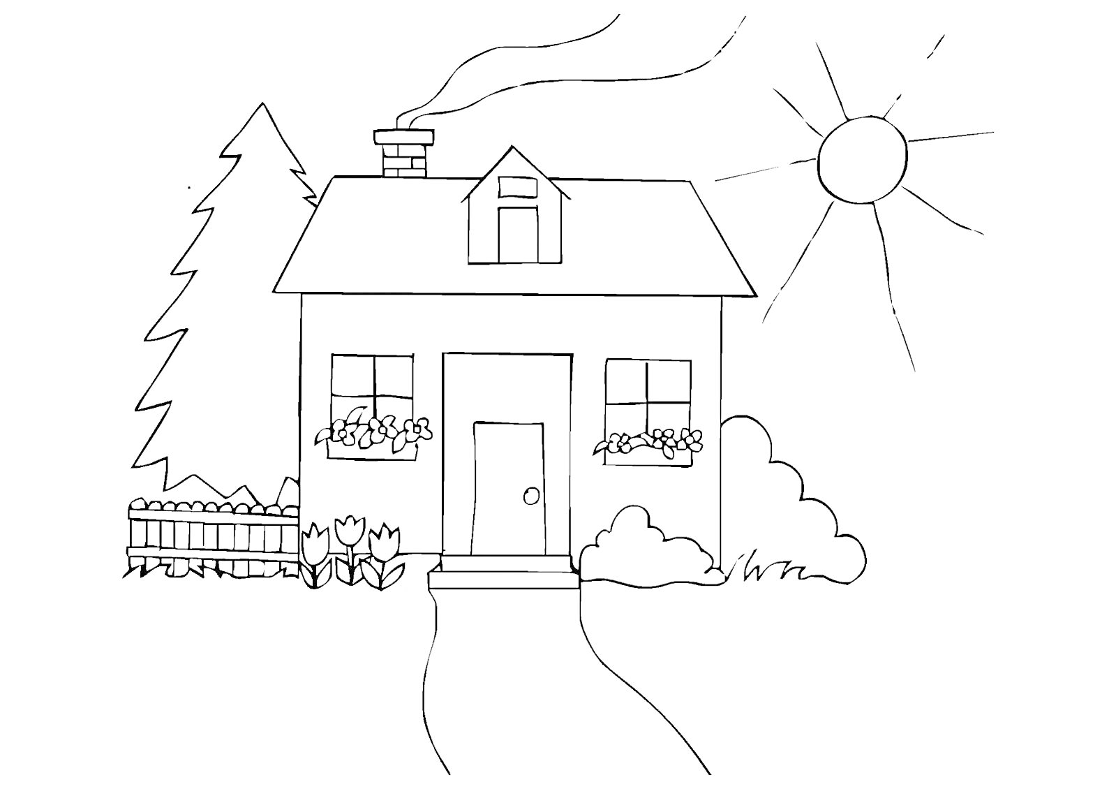 На раскраске изображено: Дом, Сад, Цветы, Забор, Дымоход, Солнце, Кусты, Дверь