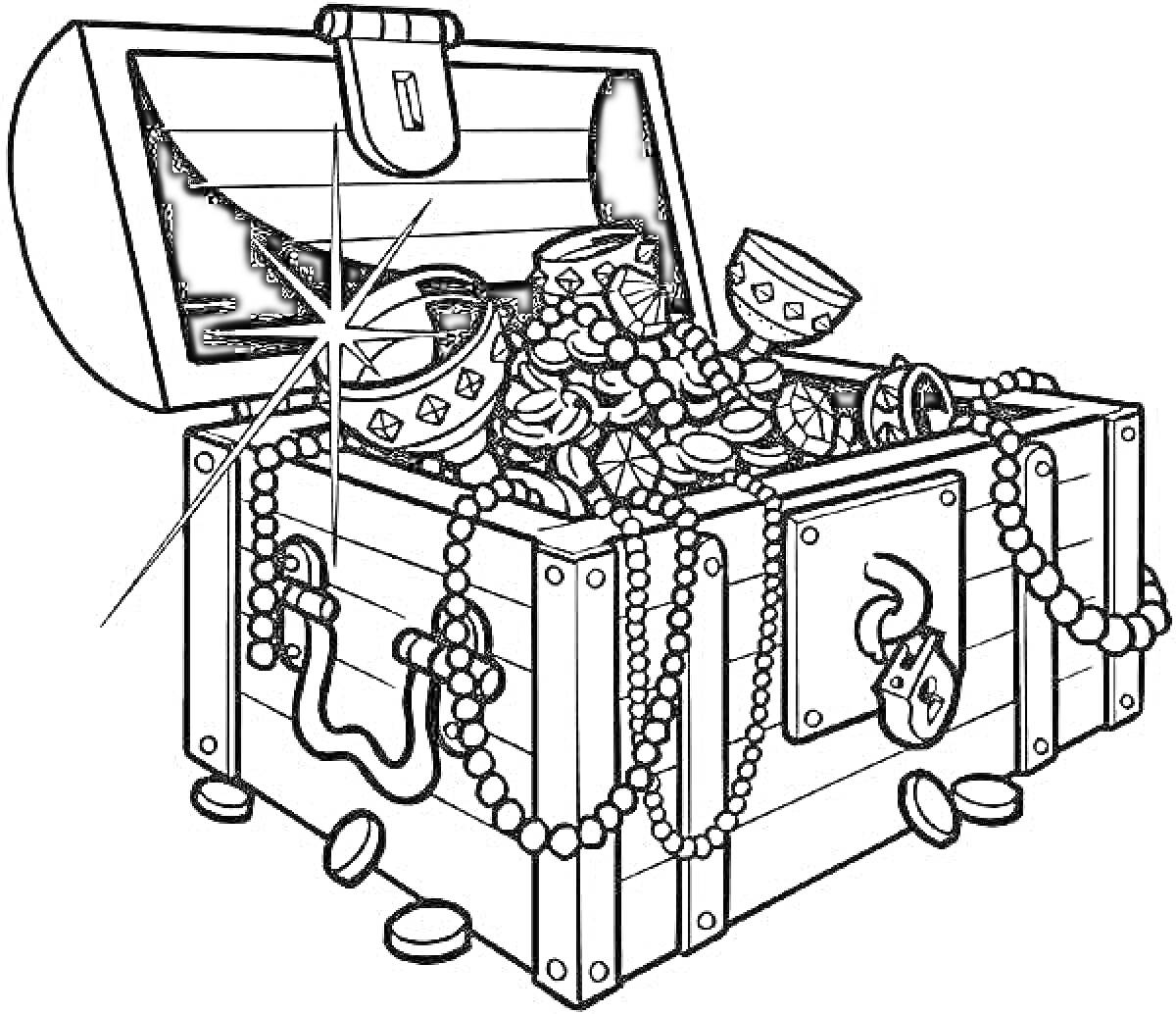 Раскраска Сундук с драгоценностями, полон монет, браслетов и ожерелий