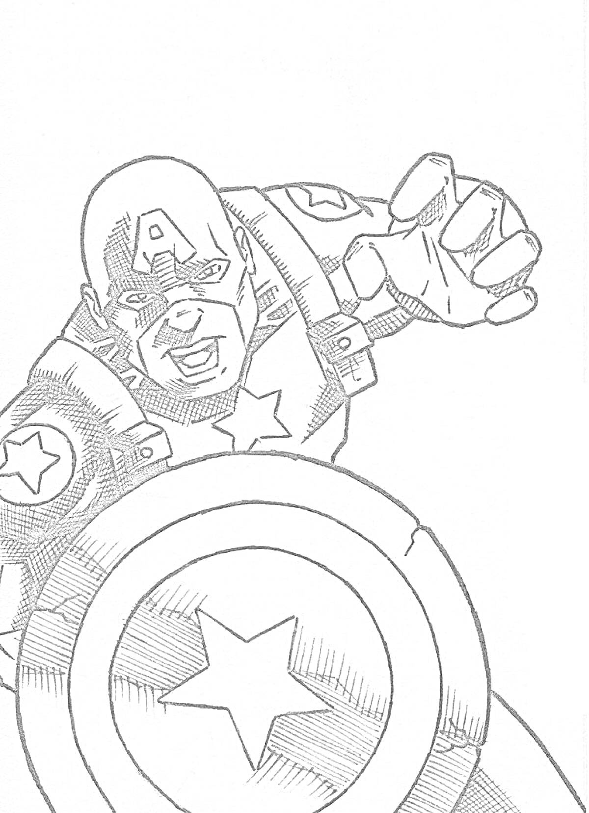 На раскраске изображено: Капитан америка, Комиксы, Щит, Звезды, Поднятые руки, Супергерои