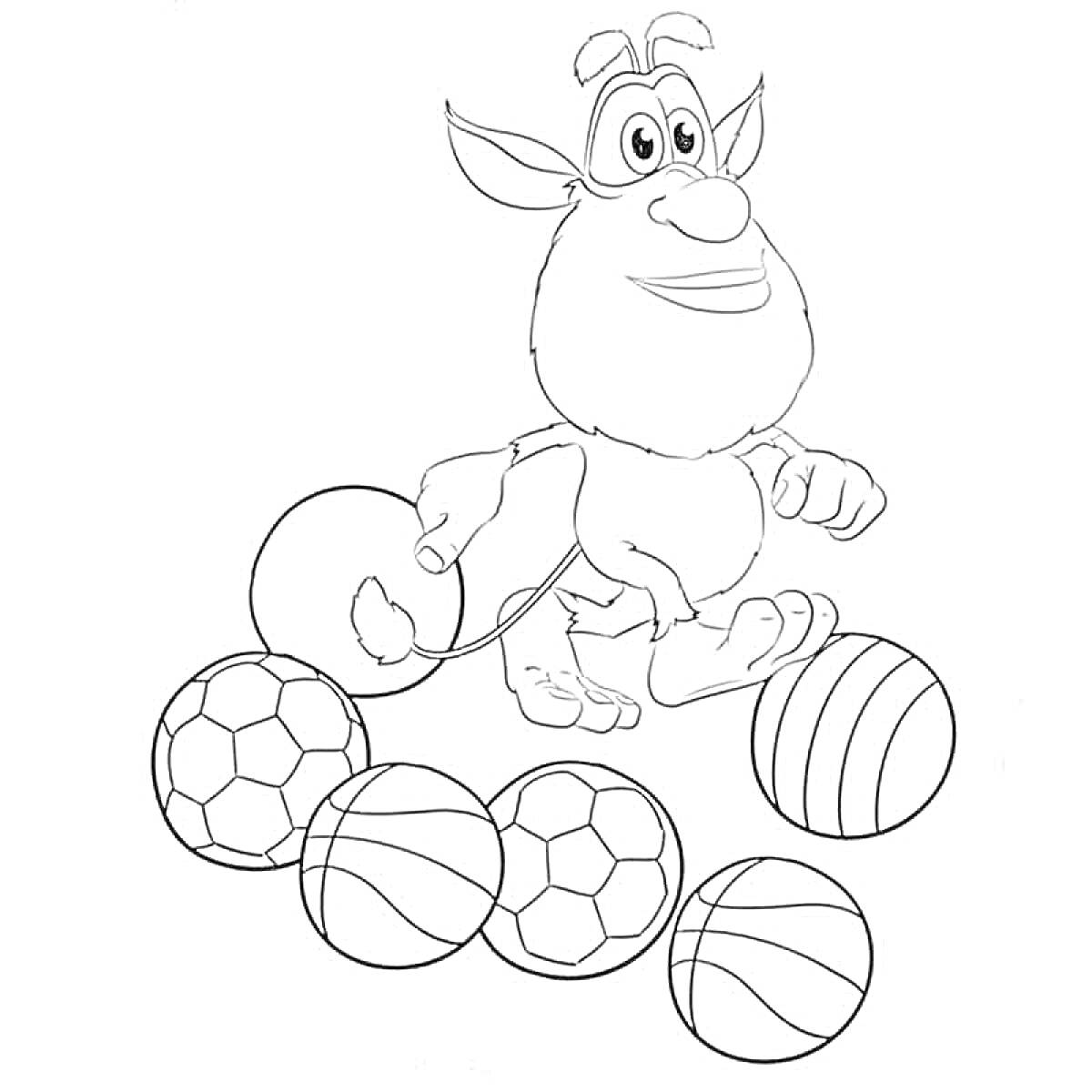 Раскраска Буба с футбольными и баскетбольными мячами