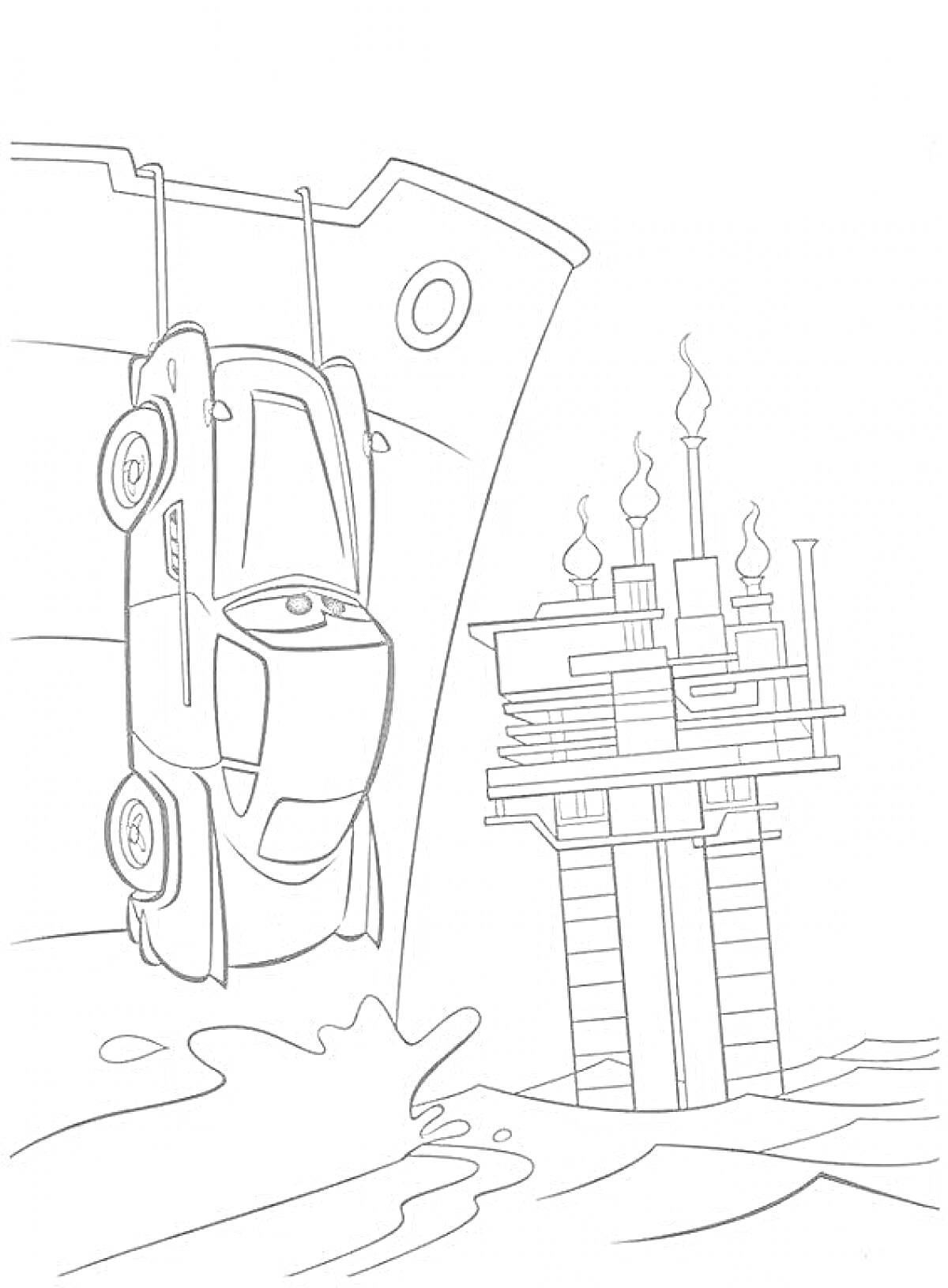 Раскраска Автомобиль Финн МакМисл, висящий на крюке возле нефтяной платформы