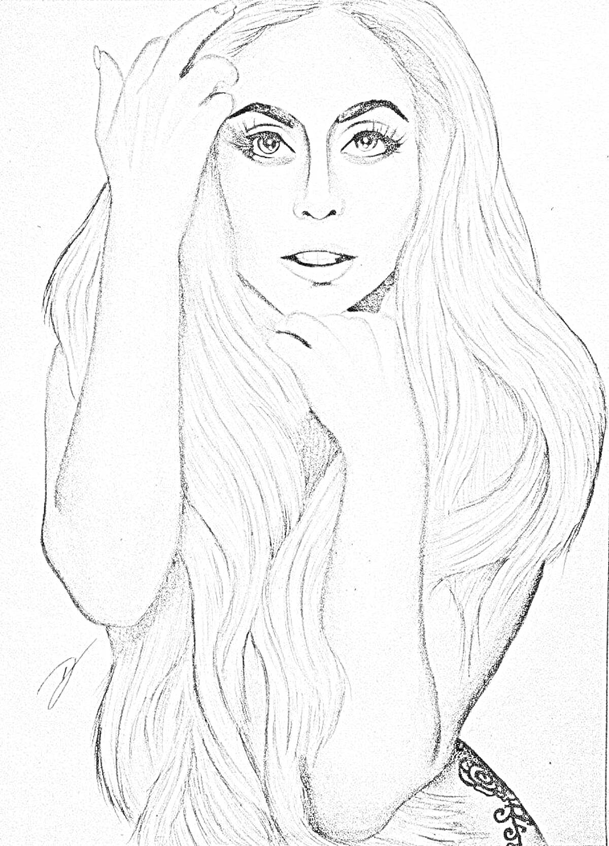 Раскраска Портрет женщины с длинными распущенными волосами в черно-белой технике