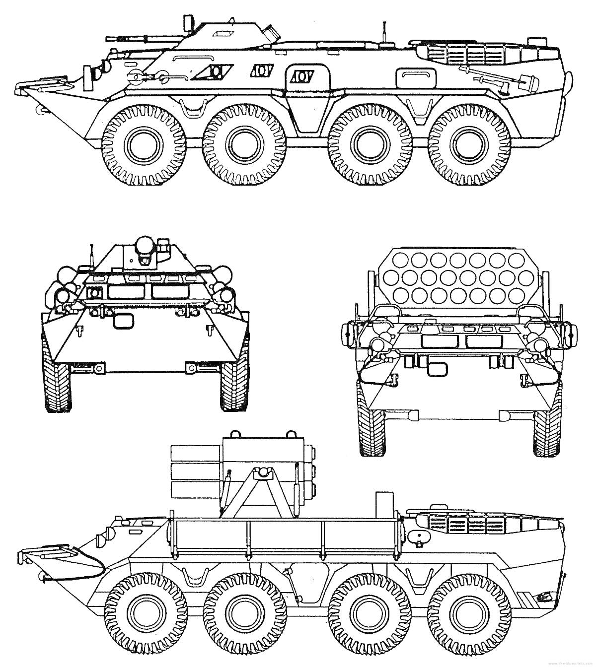 На раскраске изображено: БТР-80, Бронетранспортер, Военная техника, Прорисовка, Вооружение, Транспорт, Колёса