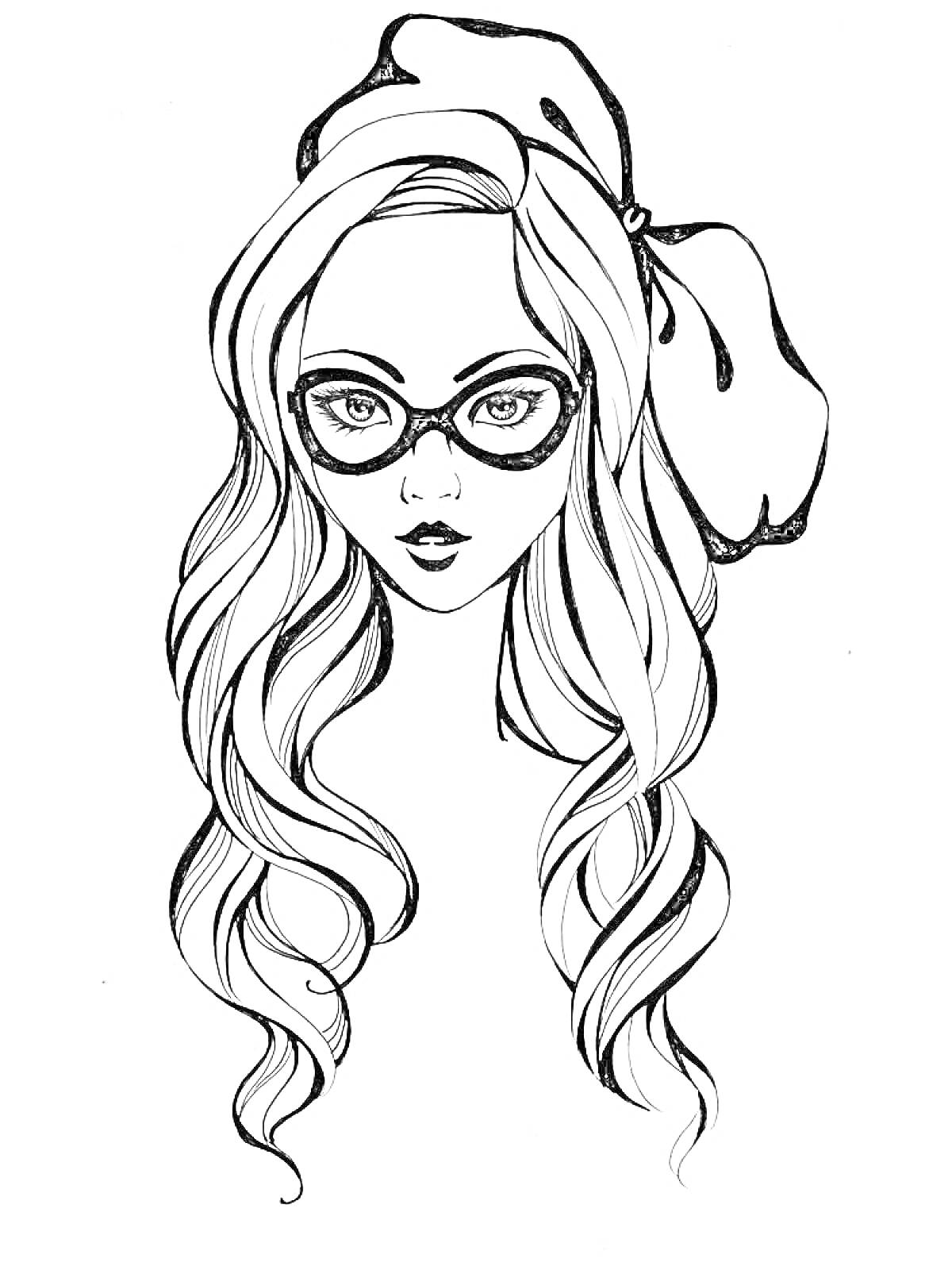 Раскраска Девушка в очках и с бантом на голове