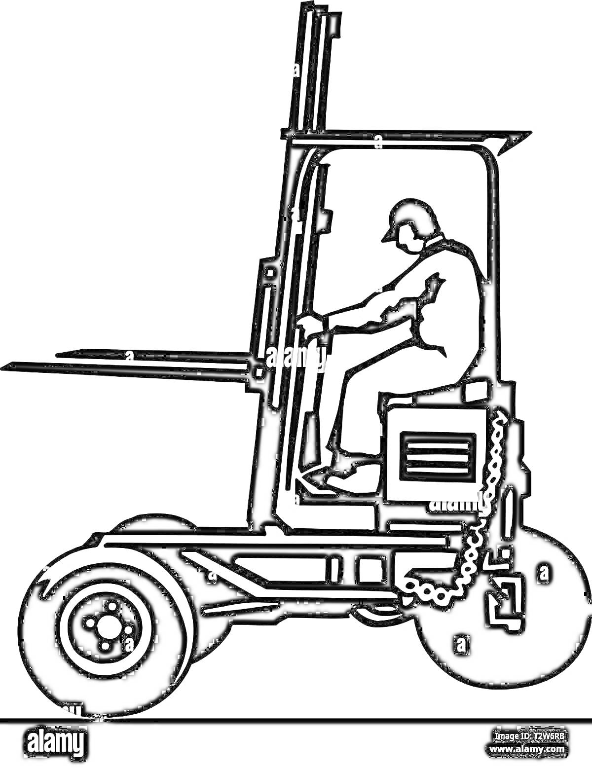 Раскраска Вилочный погрузчик с водителем