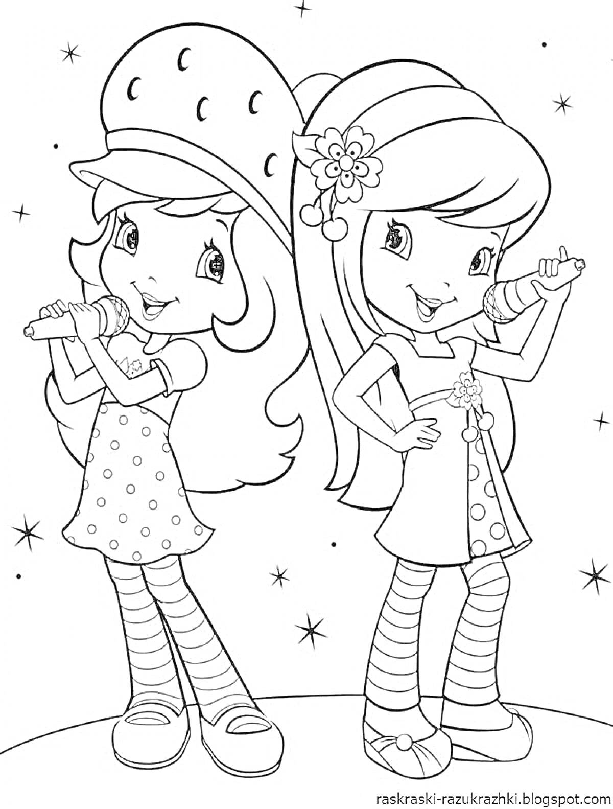 Раскраска Две девочки с длинными волосами поют в микрофоны на фоне звезд