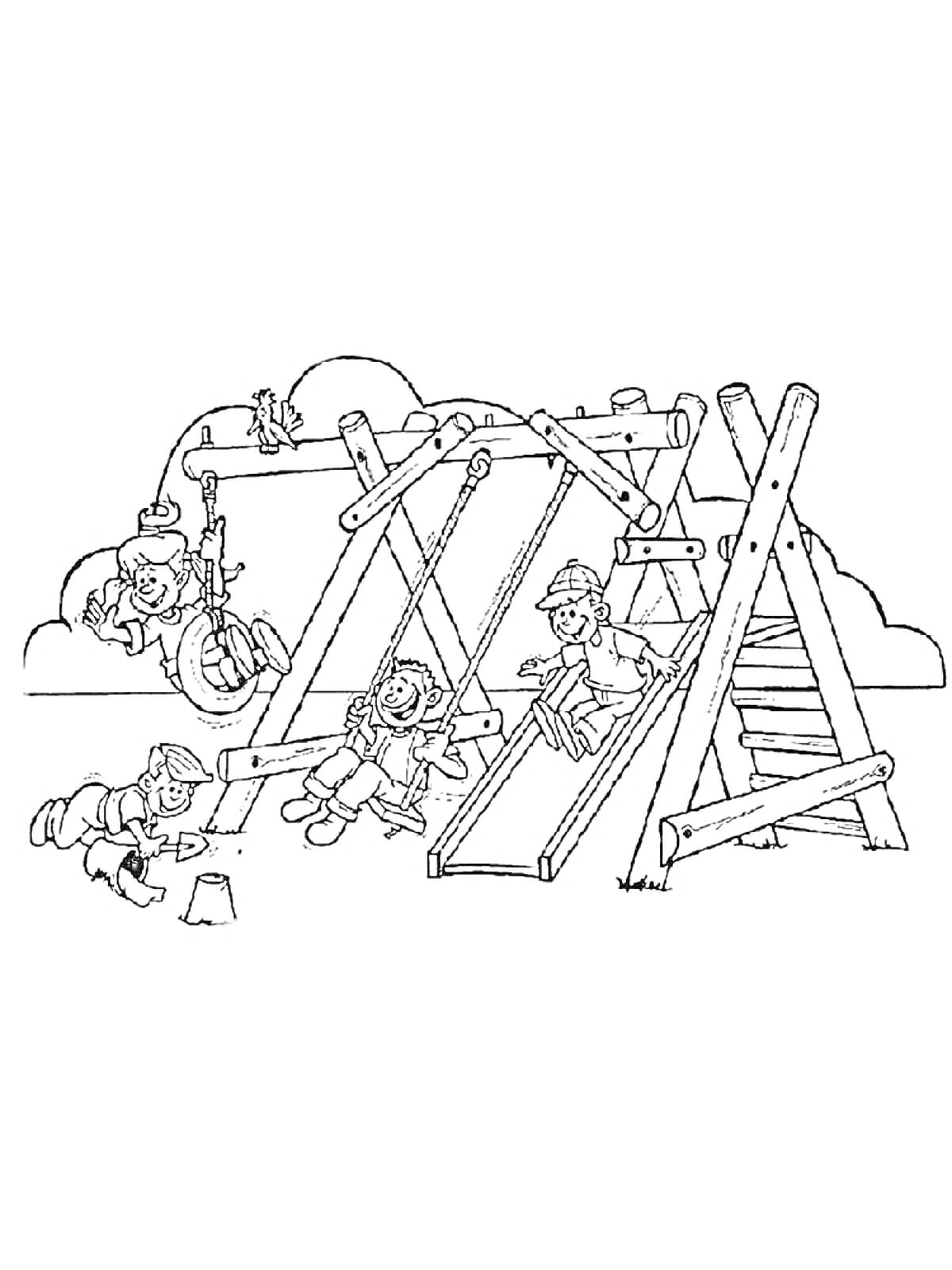 Раскраска Дети на детской площадке с качелями, канатной лестницей и тайровыми качелями