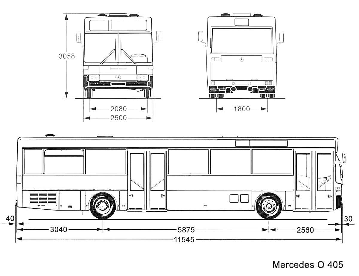 Раскраска Чертёж автобуса Mercedes O 405 с передним, задним и боковым видом, с указанием размеров.