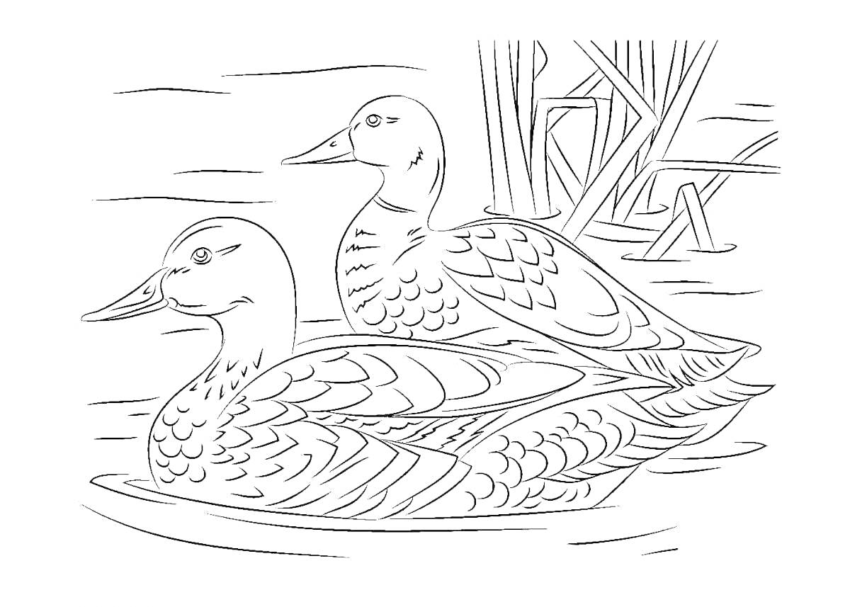 Раскраска Две утки на воде возле мостика