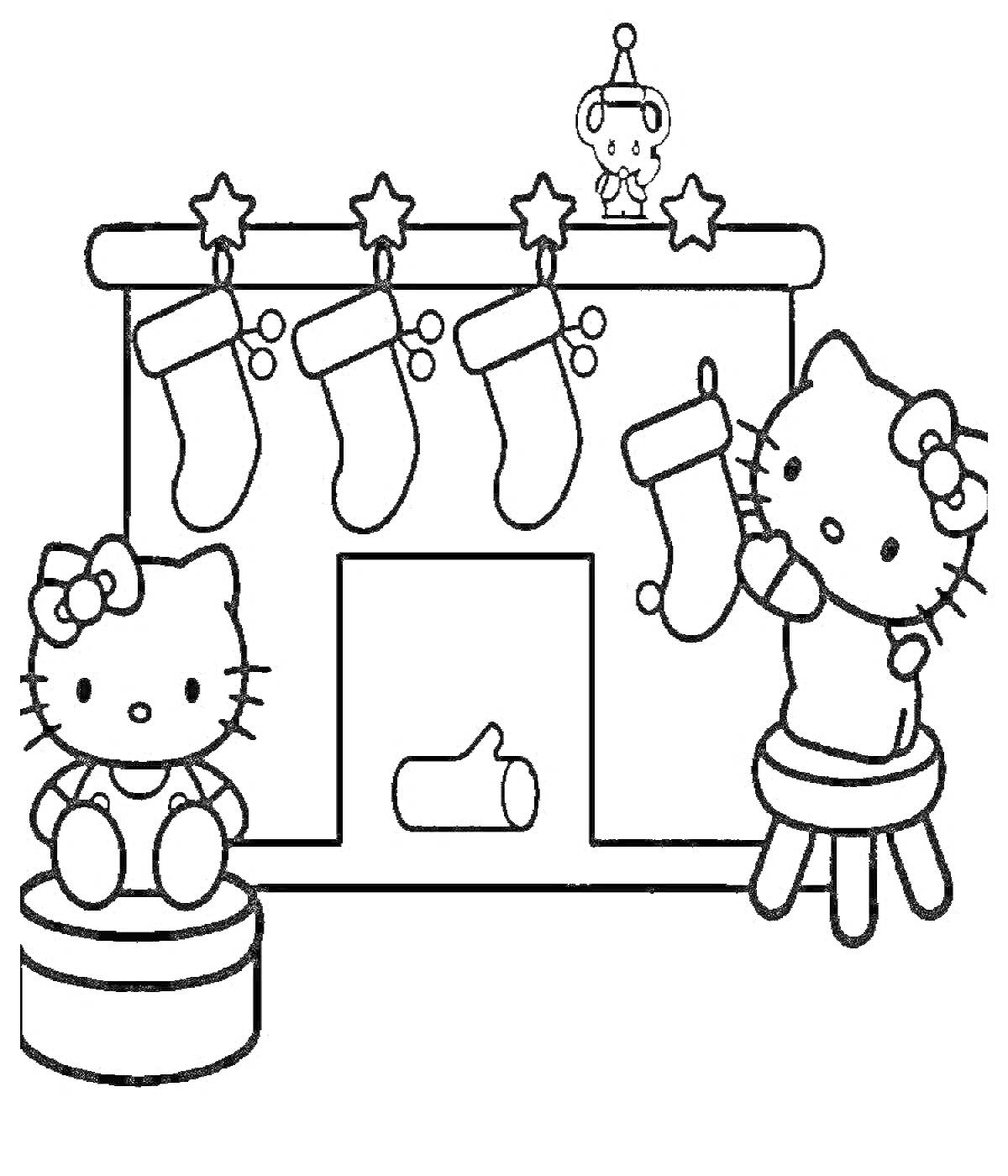 На раскраске изображено: Новый год, Рождественские носки, Камин, Праздничное украшение, Хелло Китти