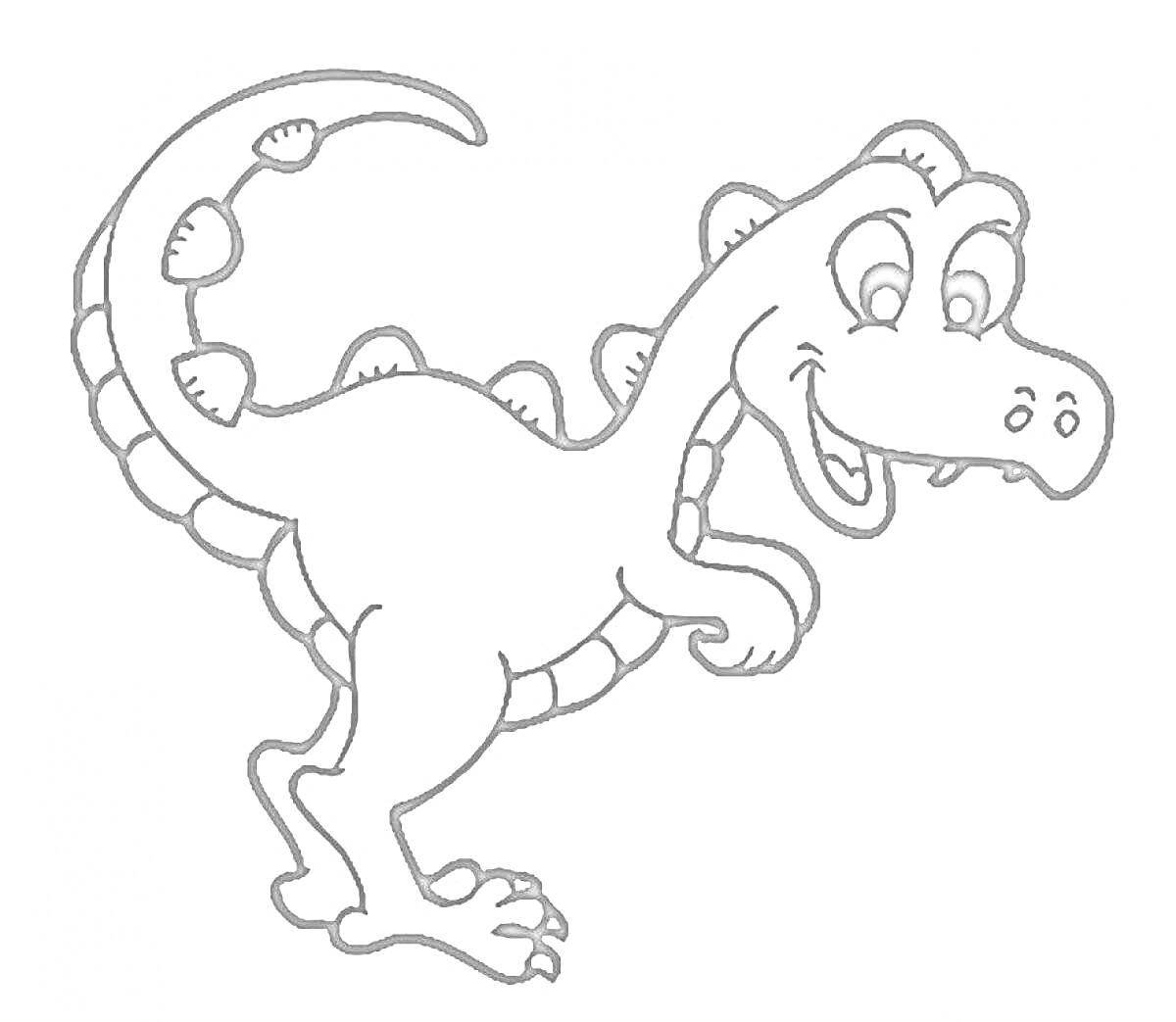 Раскраска Динозавр с шипами на спине и хвосте, улыбающийся и стоящий на двух ногах