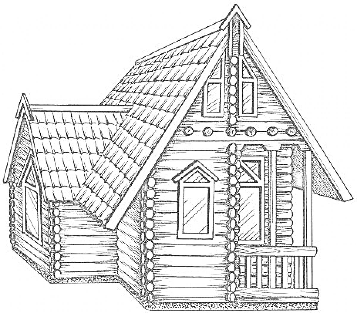 На раскраске изображено: Деревянный дом, Окна, Архитектура, Бревенчатый дом