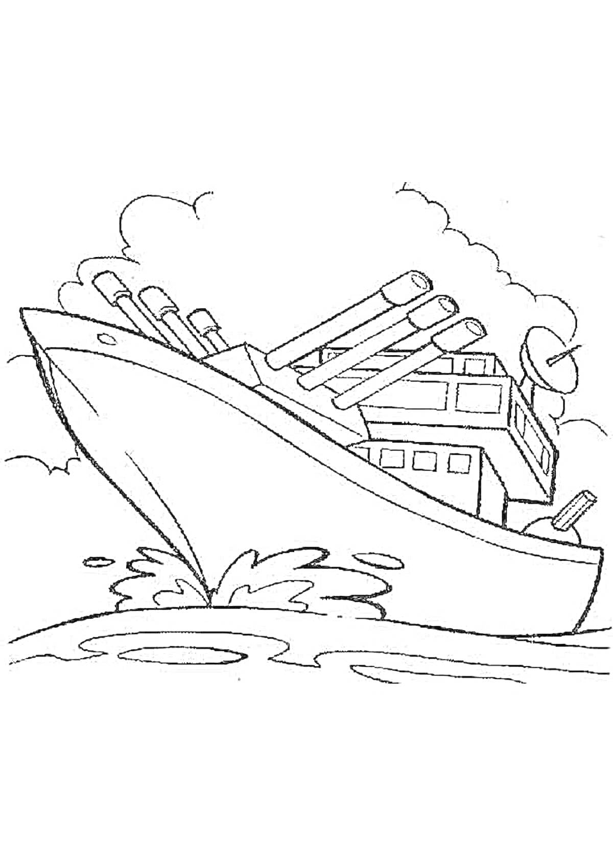 На раскраске изображено: Военный корабль, Море, Корабль, Облака, Волны