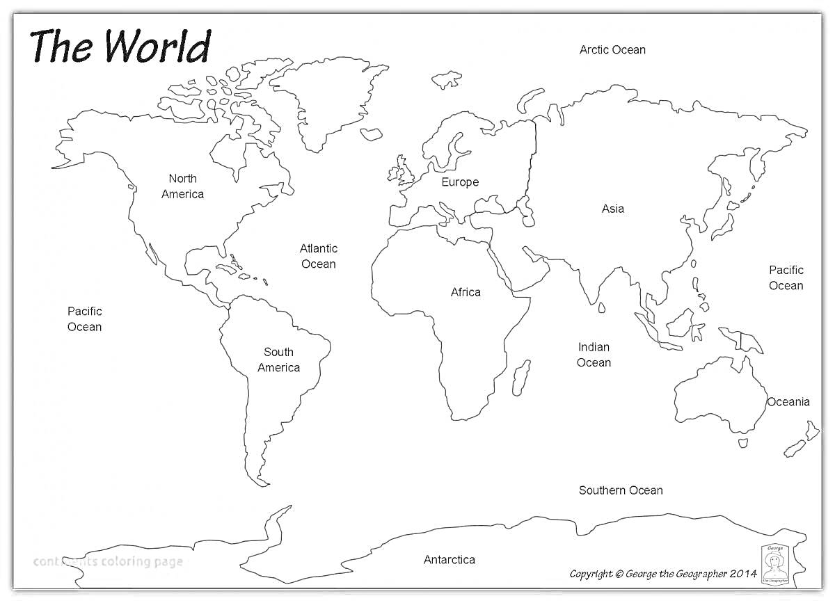 На раскраске изображено: Карта, Мир, Континенты, Океаны, Северная Америка, Южная Америка, Антарктида, Африка, Европа, Азия, Австралия, Тихий океан, Атлантический океан, Индийский океан, Северный Ледовитый океан