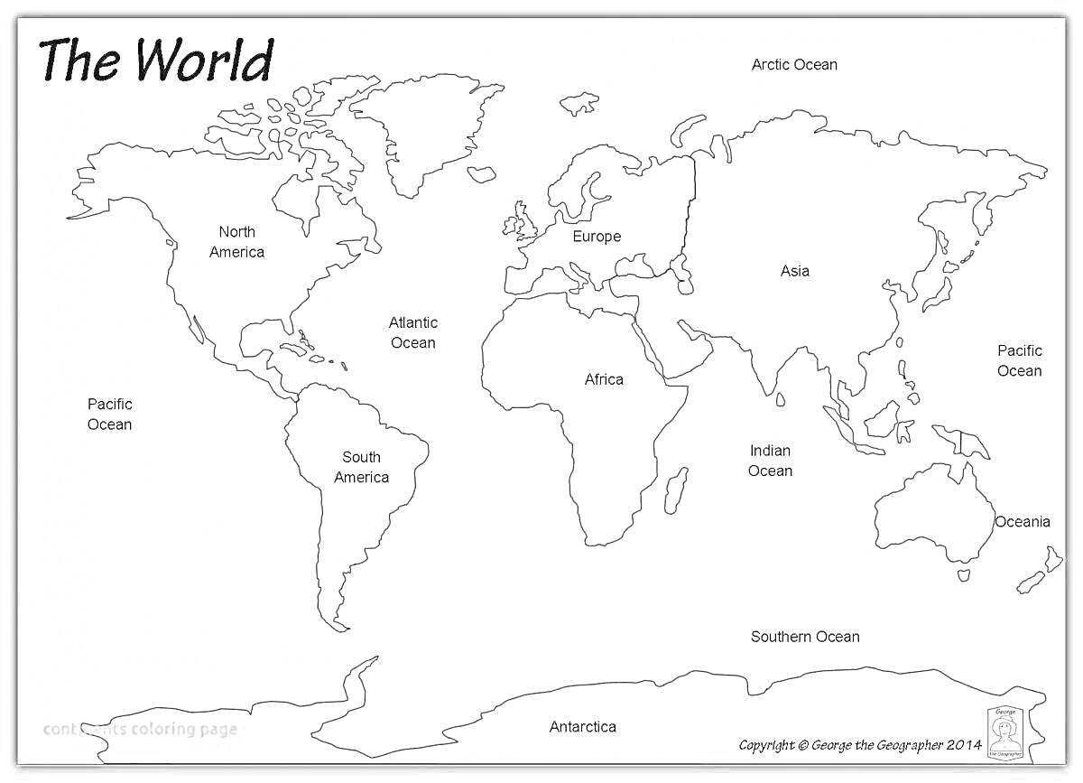Карта мира с обозначенными континентами и океанами