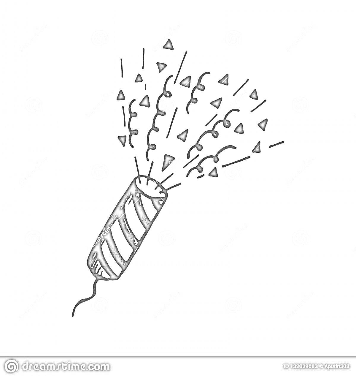 Раскраска Хлопушка с полосками, выпускающая конфетти в виде треугольников и точек