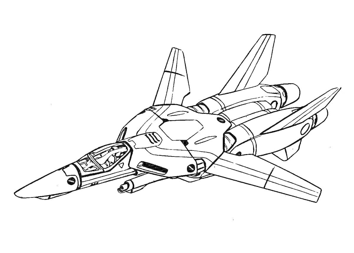 Раскраска Антистресс раскраска - боевой самолет с крыльями, турбинами и кабиной пилота
