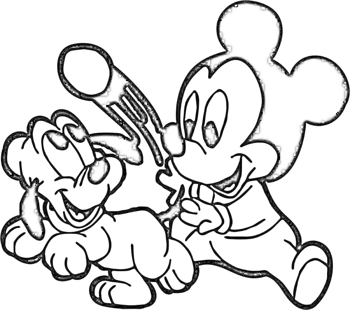 Микки Маус и его друг Плуто играют в мячик
