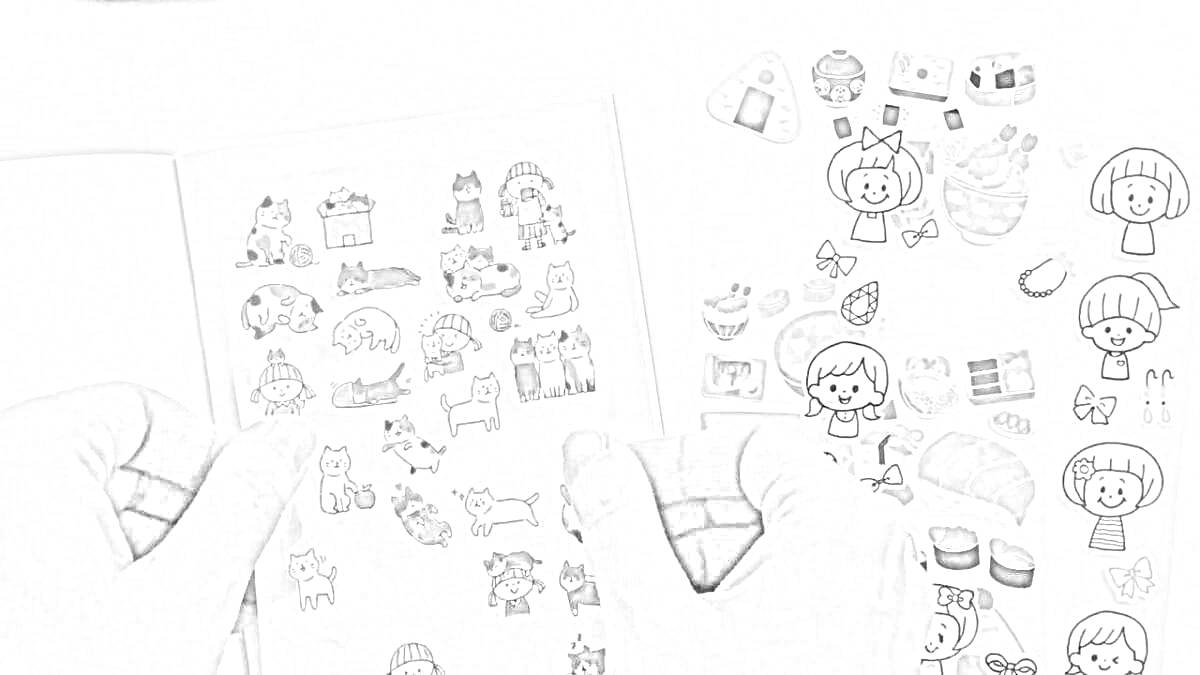 Раскраска стикербук с персонажами, подарками, животными, сердечками и едой
