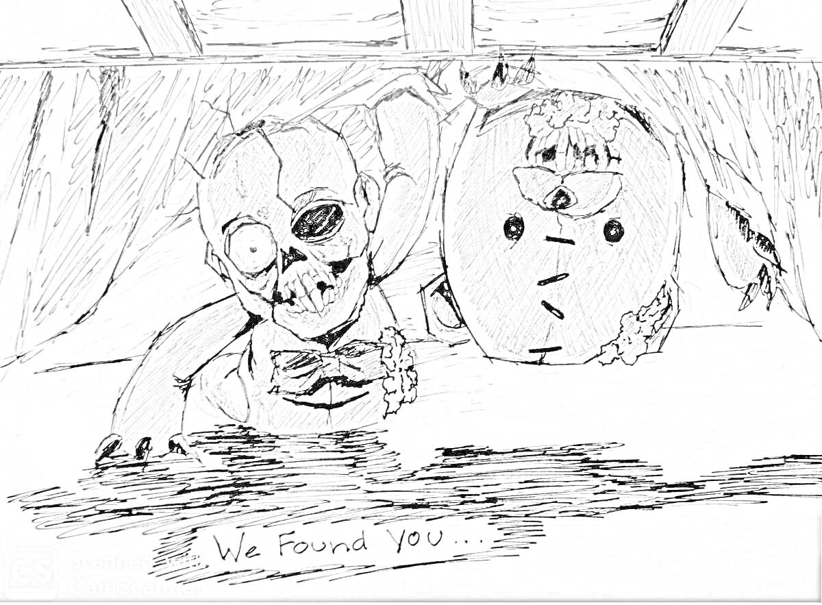 Раскраска Куклы и плюшевый мишка прячутся за занавеской, с надписью 