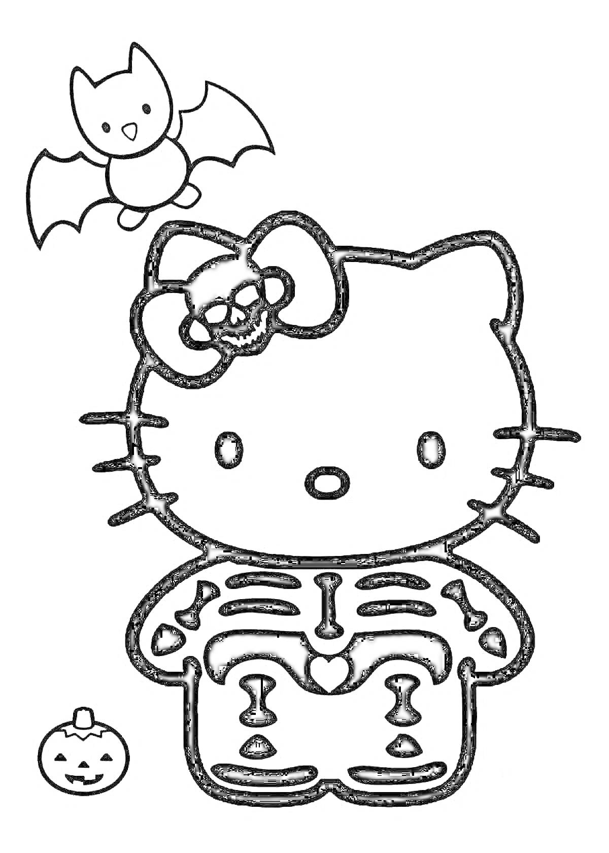 Раскраска Хеллоу Китти в костюме скелета с бантом и черепом, летучая мышь, тыква
