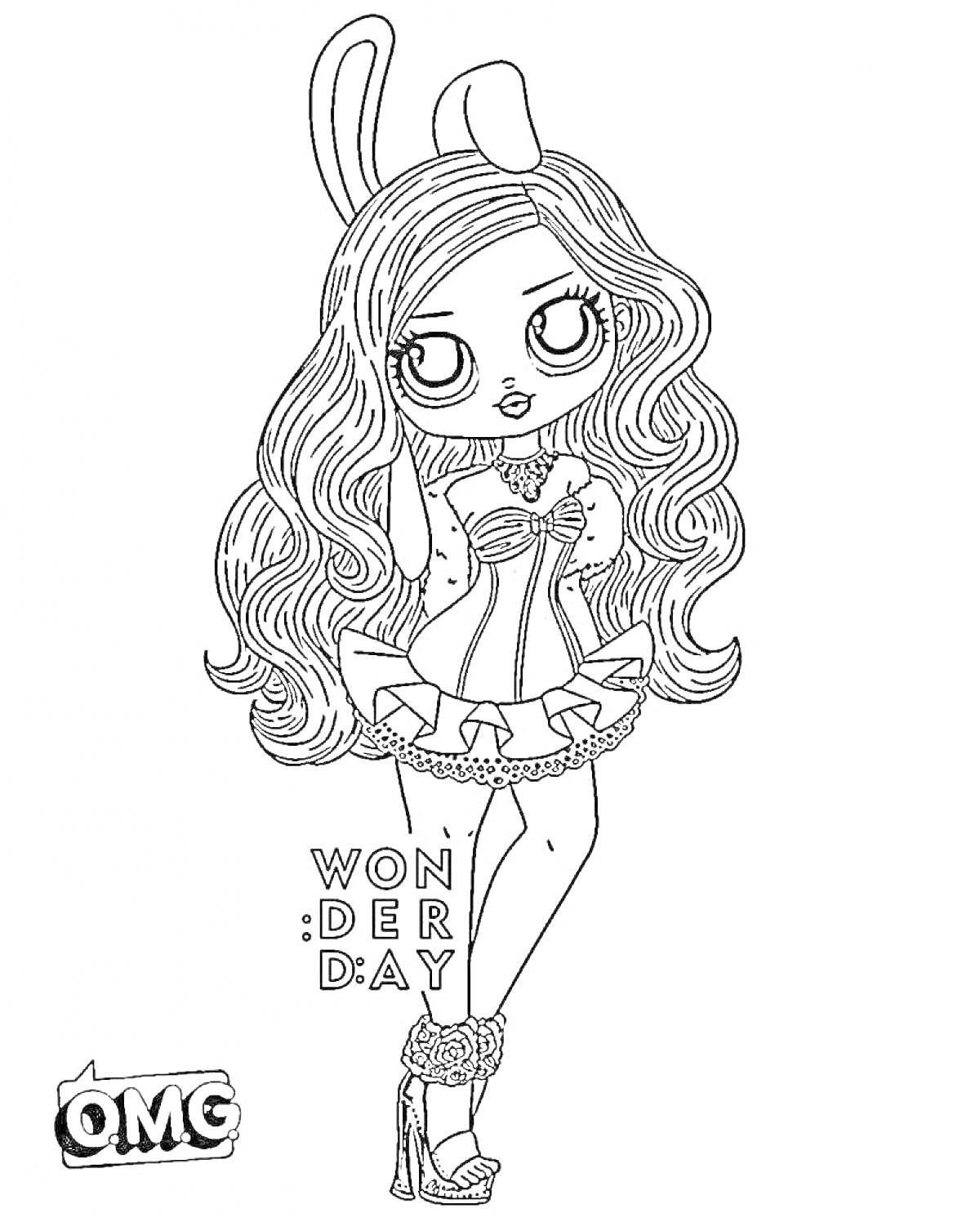 Раскраска Кукла с длинными волосами, ушками кролика, корсетом и пышной юбкой, надписью WONDERDAY и логотипом OMG