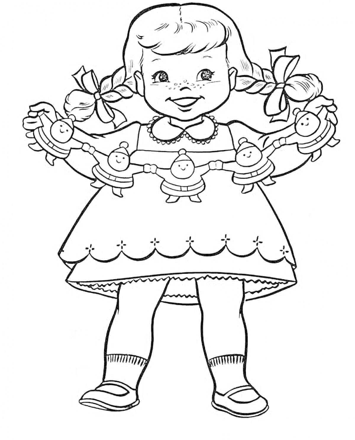 Раскраска Кукла с косичками и бумажными куклами в руках