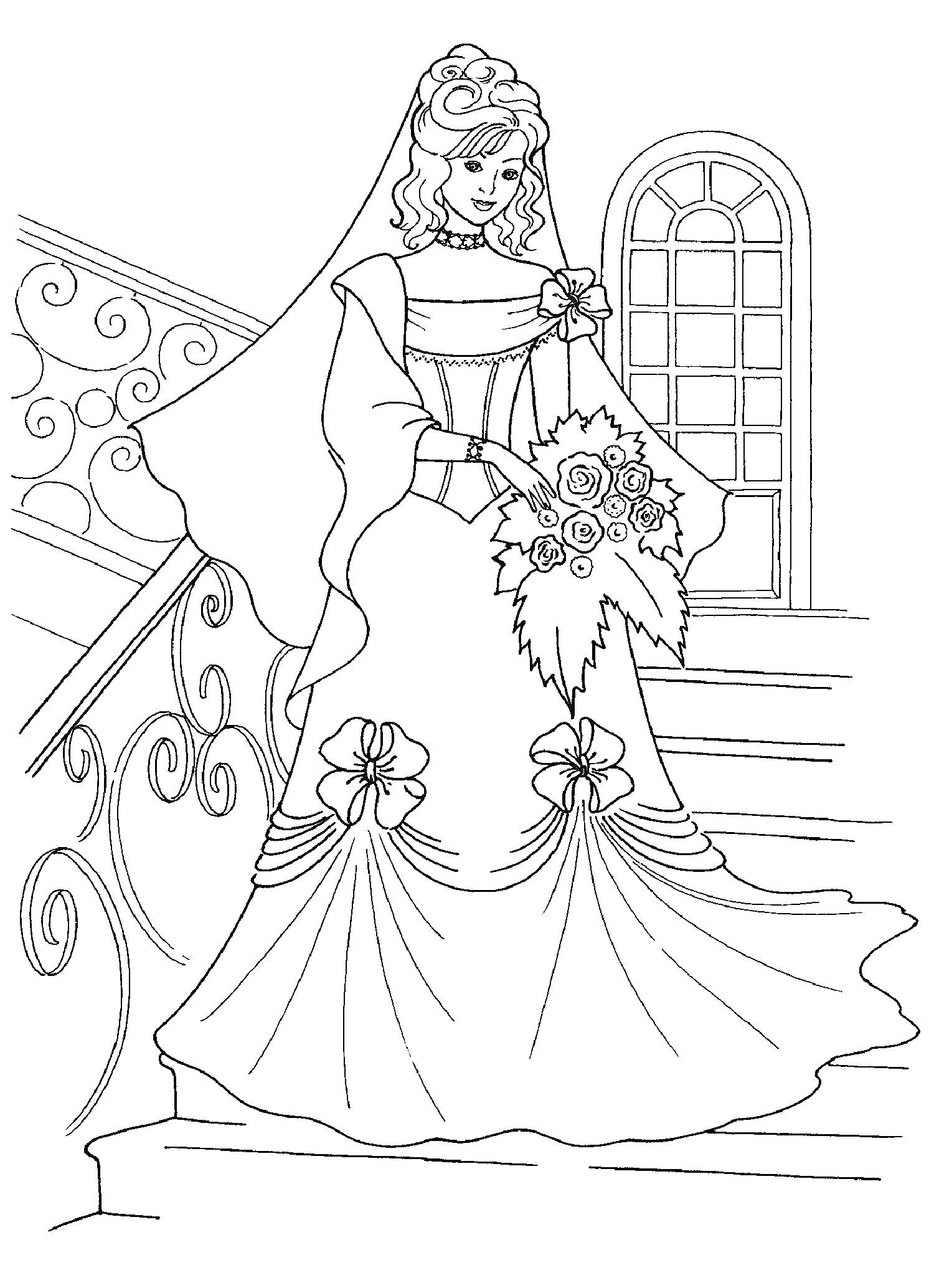 Раскраска Принцесса на лестнице с букетом цветов