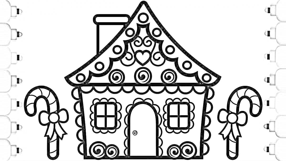 На раскраске изображено: Пряничный домик, Узоры, Окна, Дверь