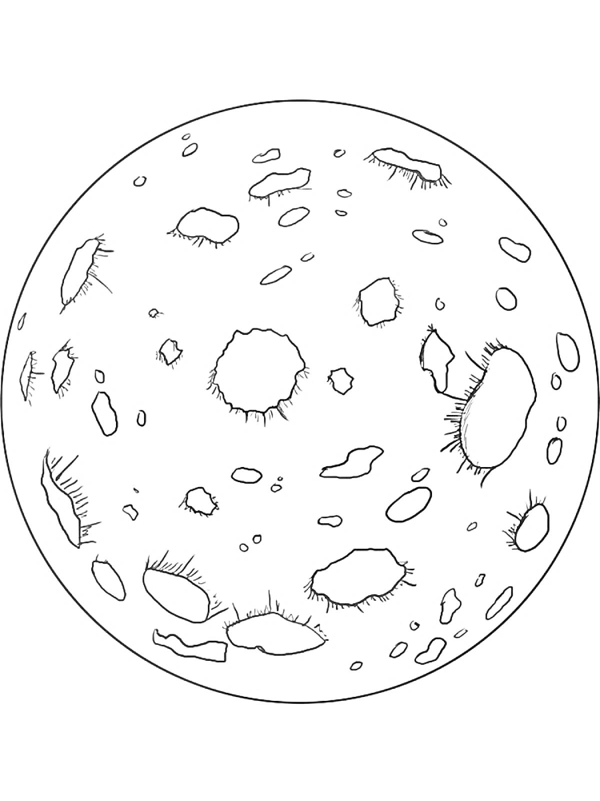 На раскраске изображено: Луна, Кратеры, Камни, Космос, Астрономия, Контурные рисунки