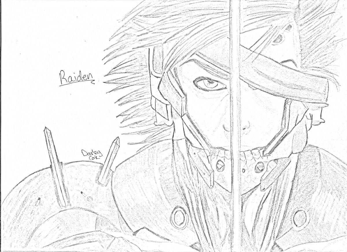 Раскраска Райден Сегун с мечом, закованное лицо металлическим шлемом, длинные волосы