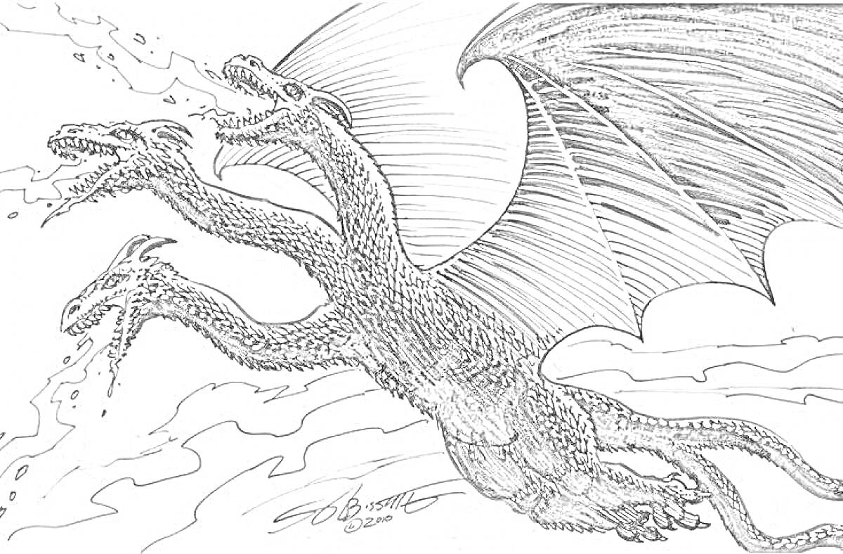 Раскраска Гидора с тремя головами, крыльями и огненным дыханием