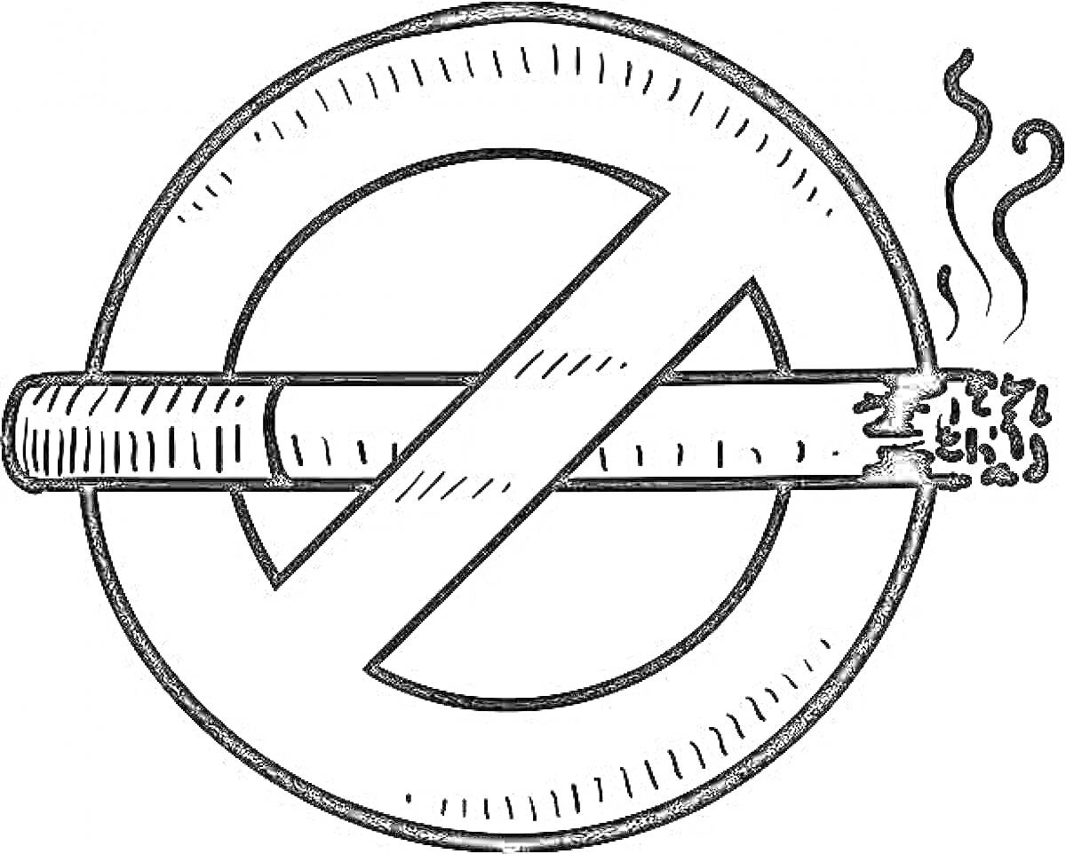 Раскраска символ запрета, перечеркнутый круг с зажженной сигаретой