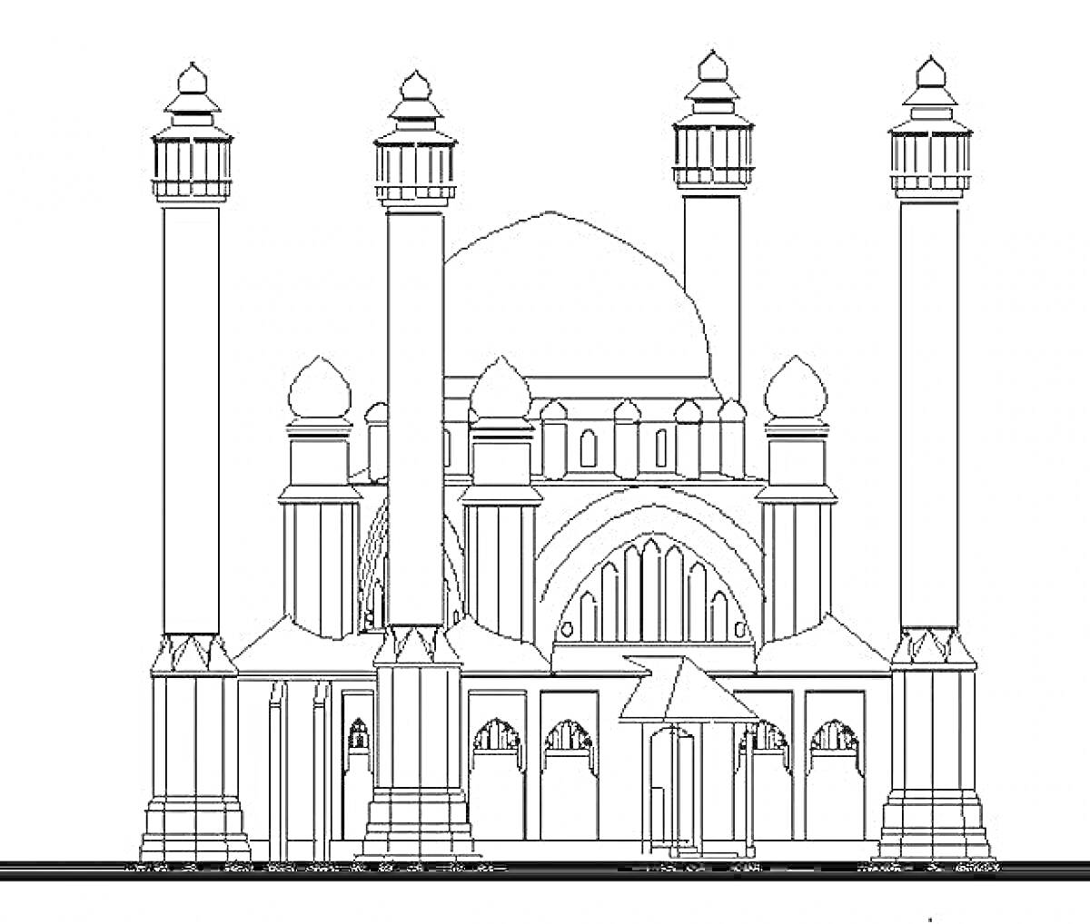 Раскраска Рисунок мечети с куполами и минаретами