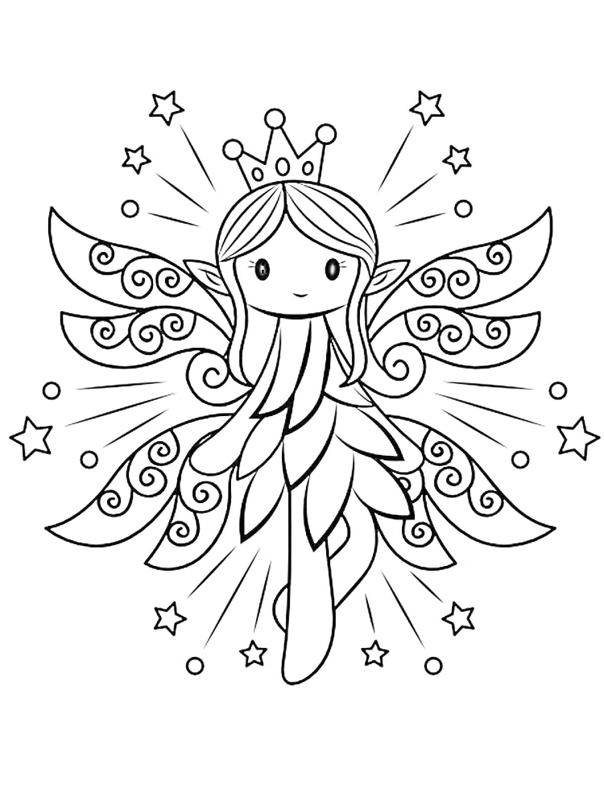 Раскраска Фея с короной, крыльями и звездами