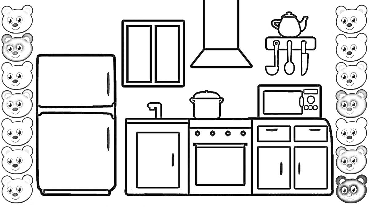 На раскраске изображено: Кухня, Мебель, Холодильник, Плита, Духовка, Полки, Посуда, Раковина, Тока бока, Для детей, Шкаф, Кастрюли, Микроволновая печь