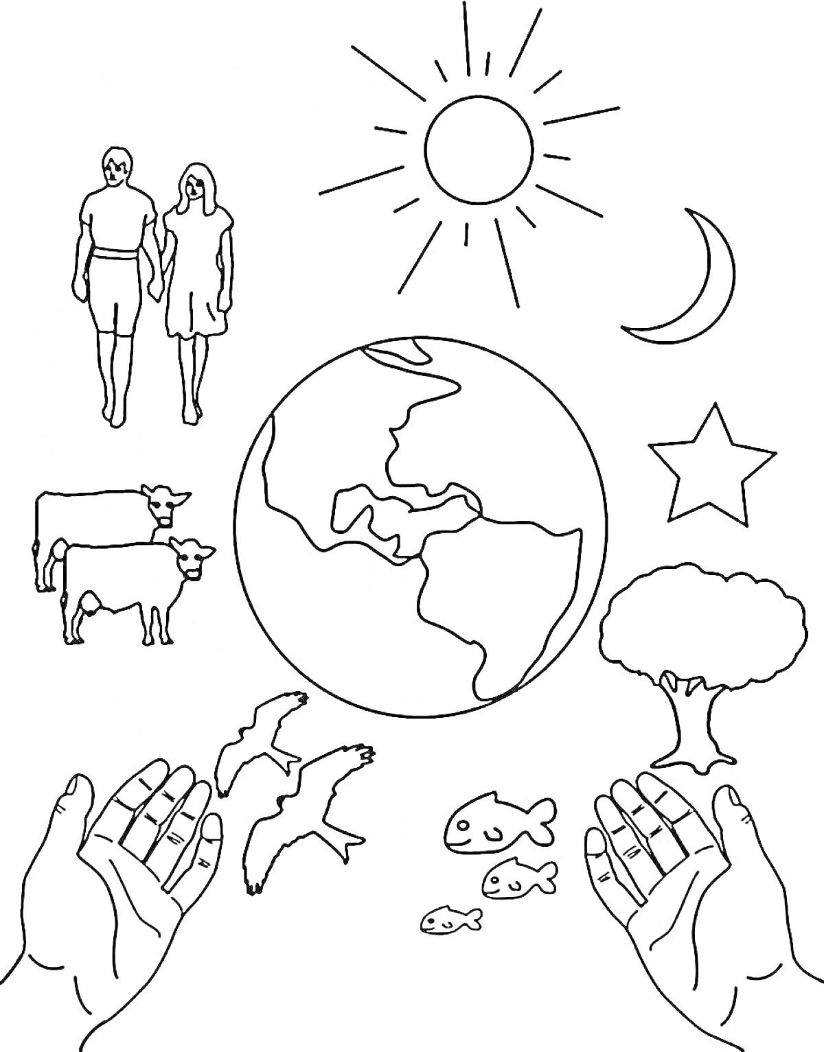 Раскраска Планета Земля и ее обитатели (люди, коровы, птицы, рыбы) с солнцем, луной, звездой, деревом и руками