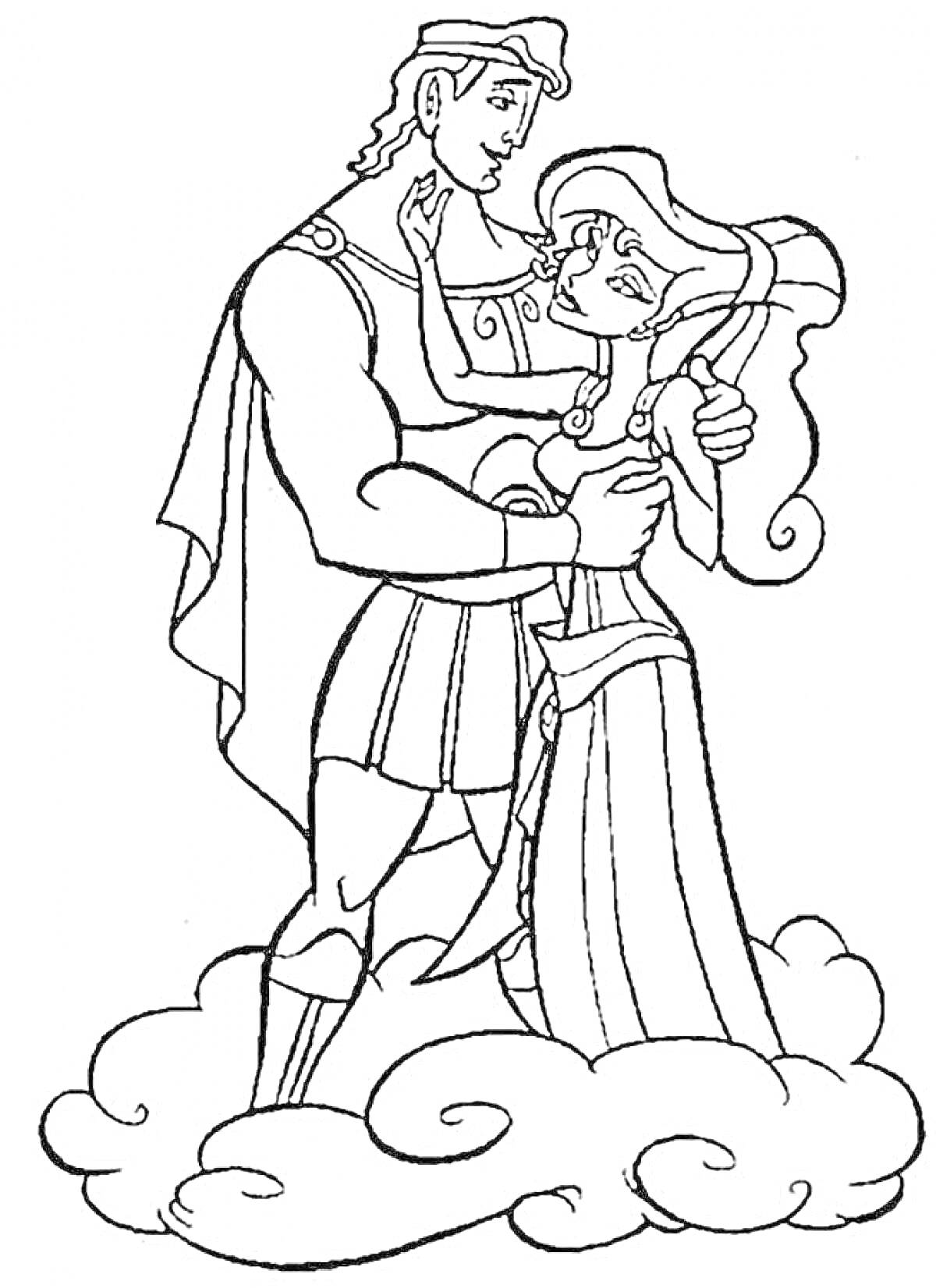 Раскраска Геракл и женщина в длинном платье на облаке
