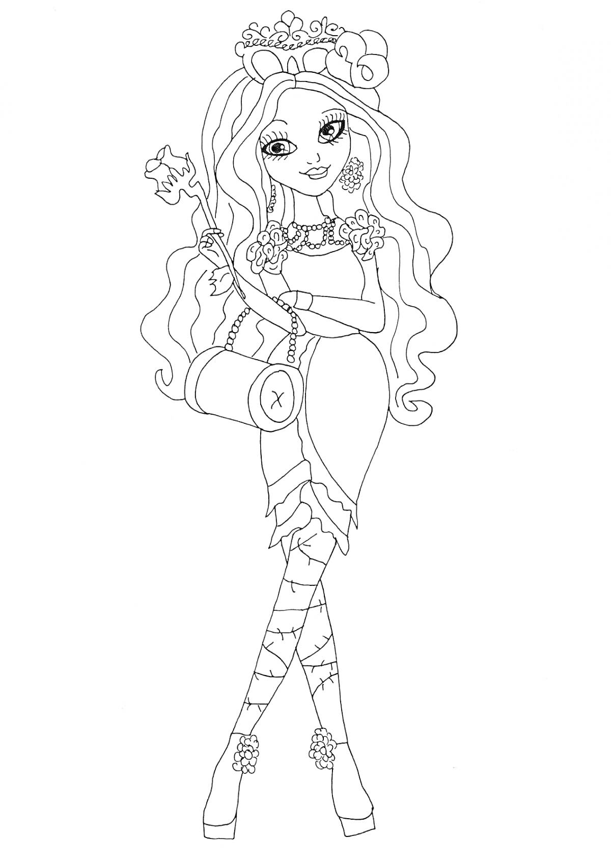Раскраска Девушка с волнистыми волосами, в цветочной короне и украшениях, с волшебной палочкой и сумочкой