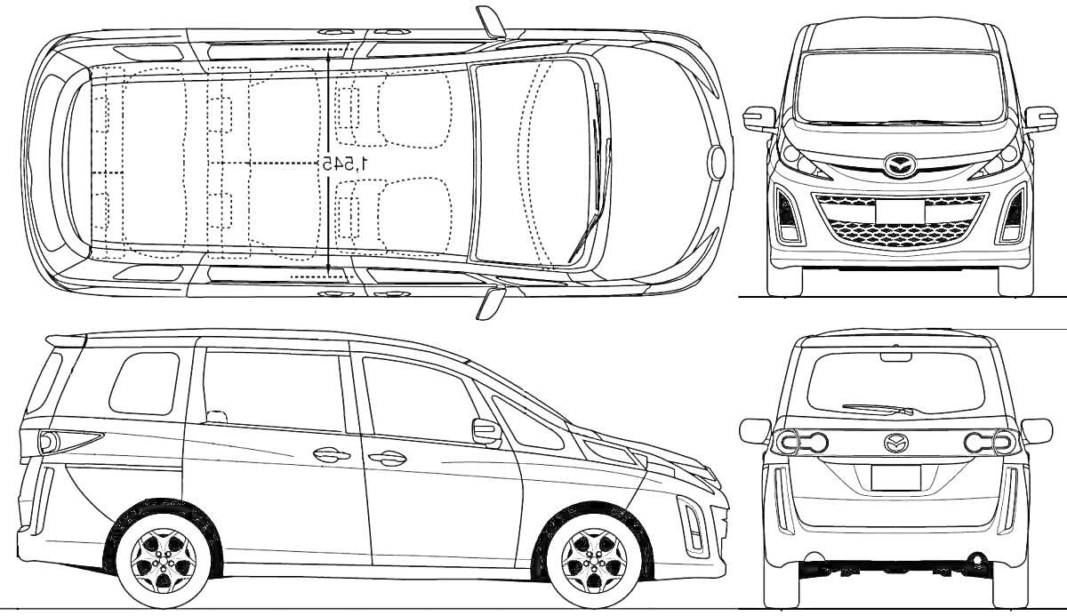 Раскраска Схематичное изображение автомобиля Mazda, вид сверху, сбоку, спереди и сзади.