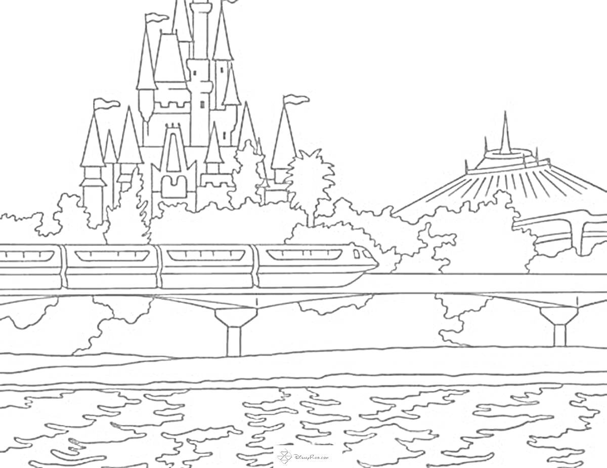 На раскраске изображено: Замок, Аттракцион, Деревья, Вода, Диснейленд