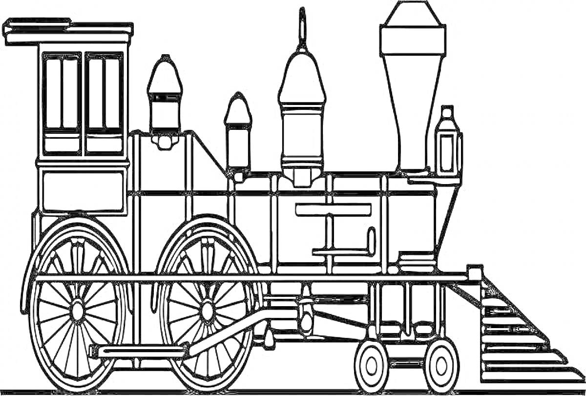 На раскраске изображено: Паровоз, Локомотив, Колёса, Дымоход, Железная дорога, Транспорт